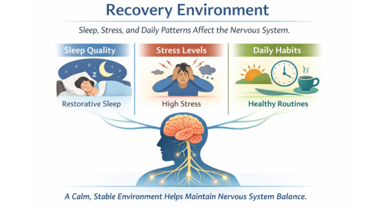 Infographic showing recovery environment factors including sleep, stress, and daily habits influencing nervous system balance