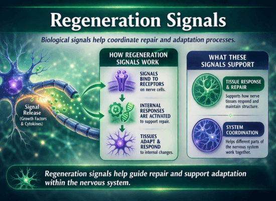 regeneration-signals-nerve-health-infographic. Infographic showing regeneration signals coordinating tissue repair adaptation and system coordination in nerve regeneration