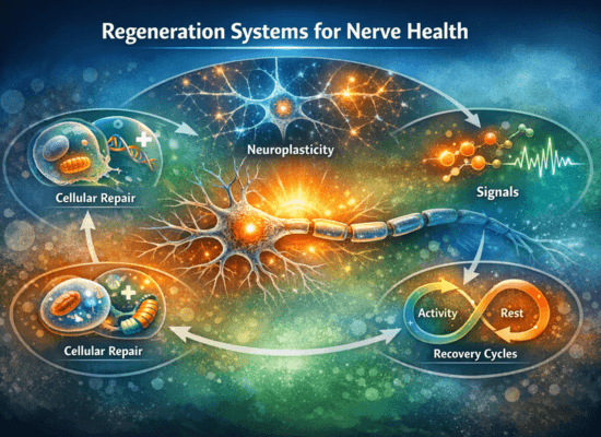 regeneration-systems-nerve-health-hero. Infographic showing regeneration systems for nerve health including cellular repair, neuroplasticity, regeneration signals, and recovery cycles connected to nerve function.