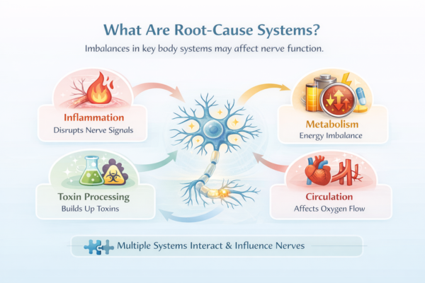 light infographic showing root cause systems like inflammation metabolism circulation and toxin processing affecting nerve function