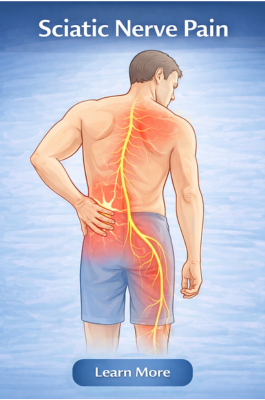 sciatic-nerve-pain-condition-card. illustration showing sciatic nerve pain radiating from the lower back through the leg along the sciatic nerve pathway