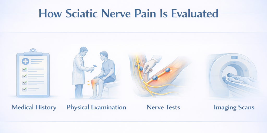 sciatic-nerve-pain-evaluation-infographic. medical evaluation of sciatic nerve pain including physical exam nerve tests and imaging scans