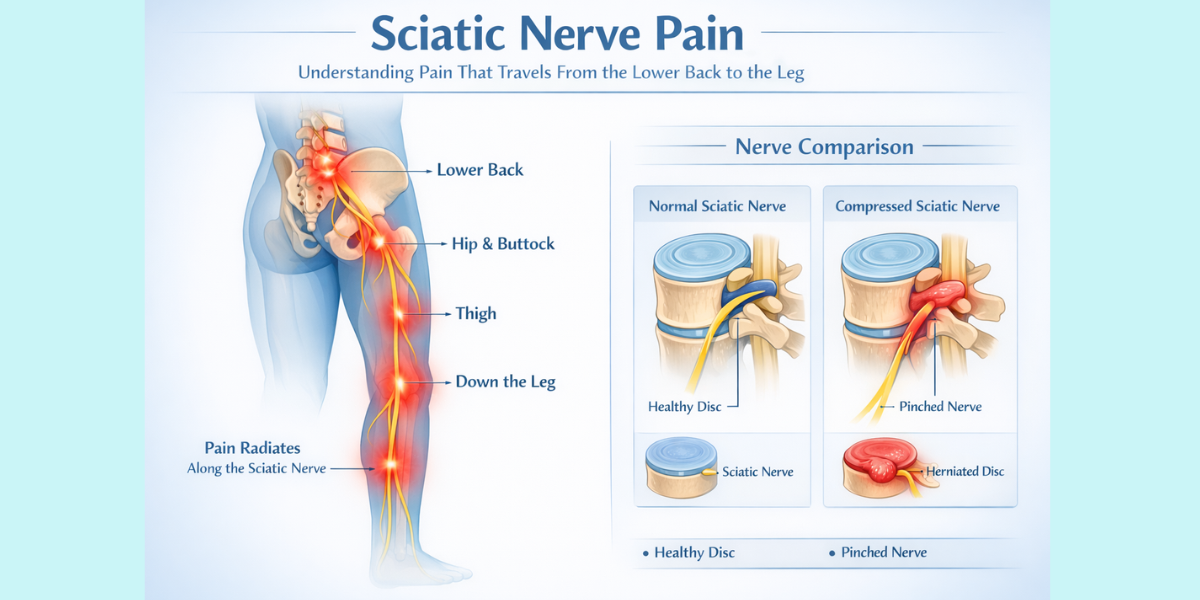 sciatic nerve pain pathway showing nerve traveling from lower back through hip and down the leg