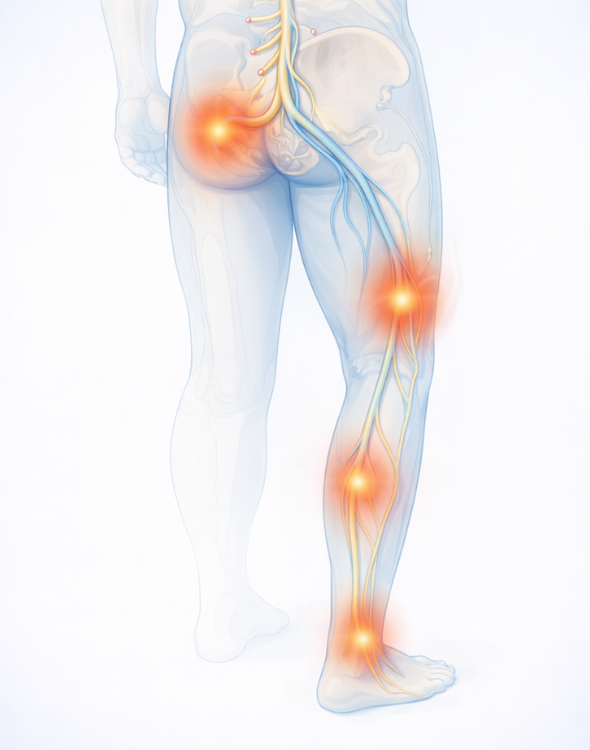 sciatic-nerve-pain-radiation-pattern. sciatic nerve pain pattern from lower back through buttock and down the leg
