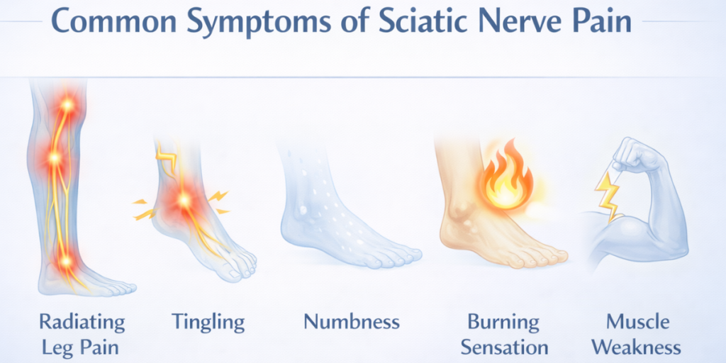 sciatic-nerve-pain-symptoms-infographic. Common symptoms of sciatic nerve pain include tingling numbness burning sensation and radiating leg pain