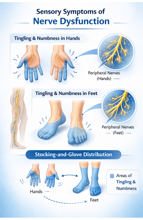 Medical infographic showing sensory symptoms of nerve dysfunction, including tingling, numbness, and stocking-glove distribution in hands and feet.
