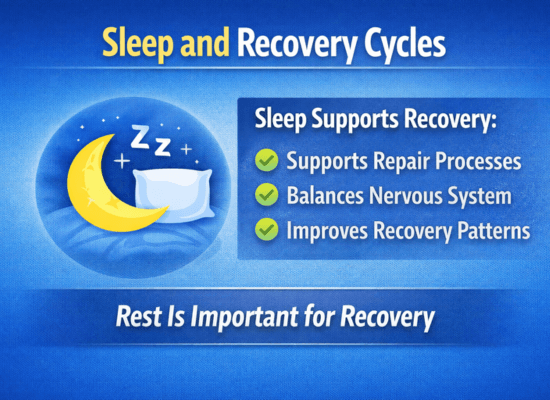 Infographic showing sleep and recovery cycles supporting repair processes, nervous system balance, and recovery patterns.