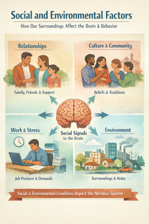infographic showing how relationships community culture workplace stress and environment influence brain signals and nervous system responses