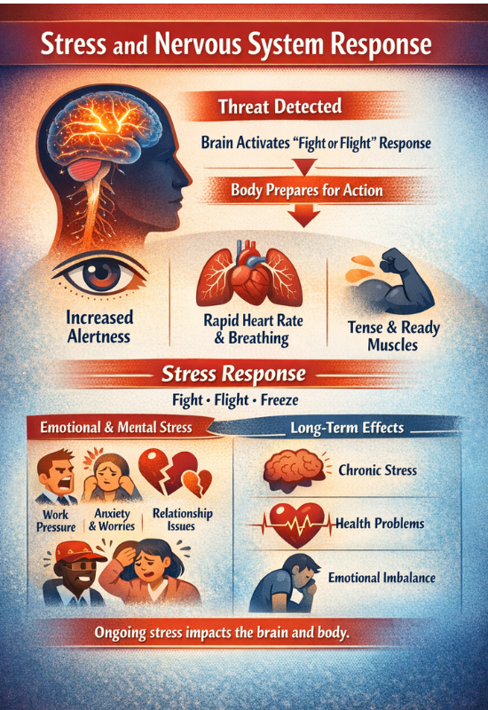infographic showing how stress activates the brain and triggers nervous system responses such as increased alertness heart rate breathing and muscle readiness