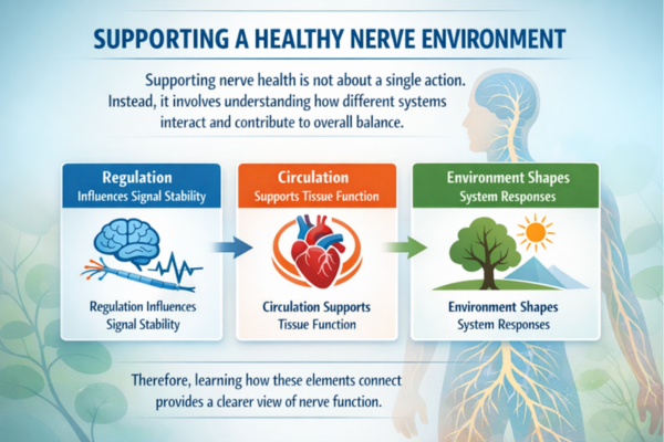 Infographic showing supporting a healthy nerve environment through regulation, circulation, and environmental balance