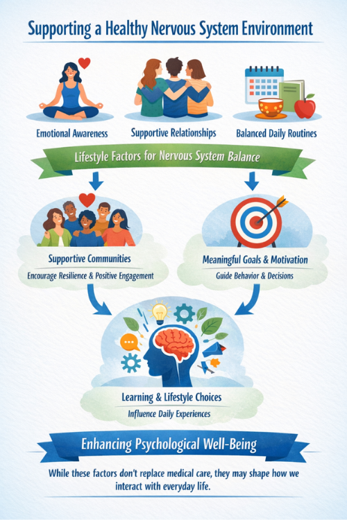 infographic showing emotional awareness, supportive relationships, daily routines, and lifestyle factors supporting nervous system balance