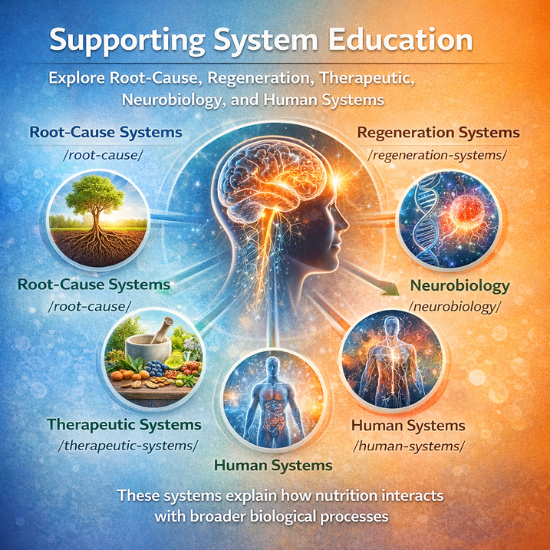 Diagram showing supporting systems including root cause, regeneration, therapeutic, neurobiology, and human systems connected to nerve health