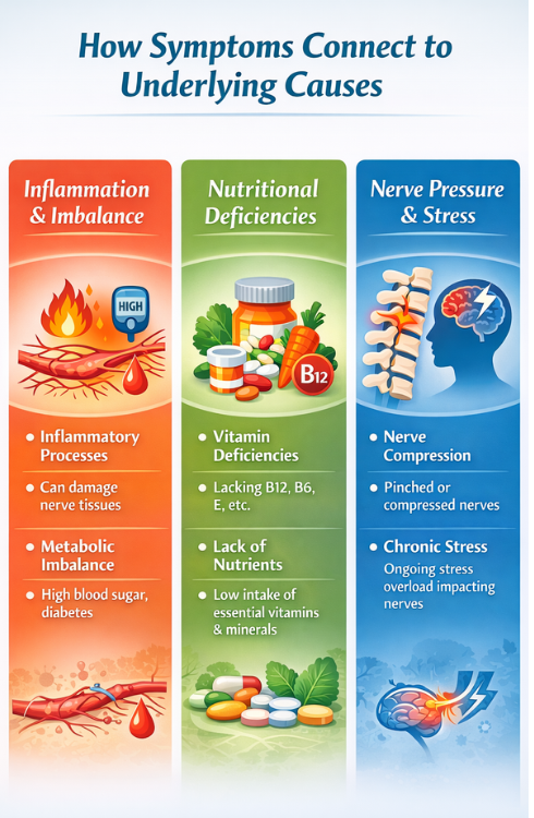 Infographic explaining how symptoms of nerve dysfunction may connect to underlying causes such as inflammation, nutritional deficiencies, nerve compression, or chronic stress.
