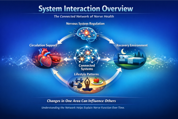 Infographic showing system interaction overview of nerve health including regulation, circulation, environment, and lifestyle patterns