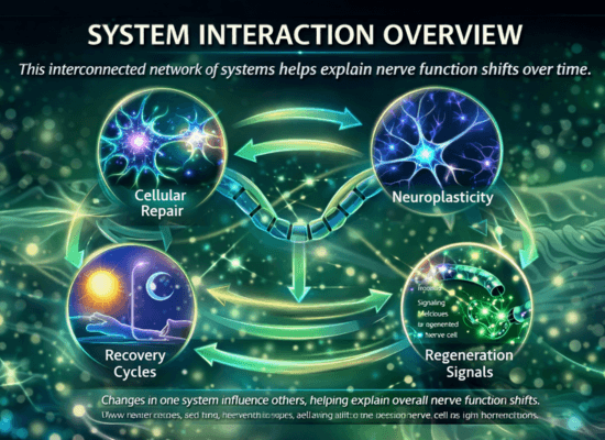 system-interaction-overview-nerve-regeneration-infographic. Infographic showing interaction between cellular repair neuroplasticity regeneration signals and recovery cycles in nerve regeneration systems
