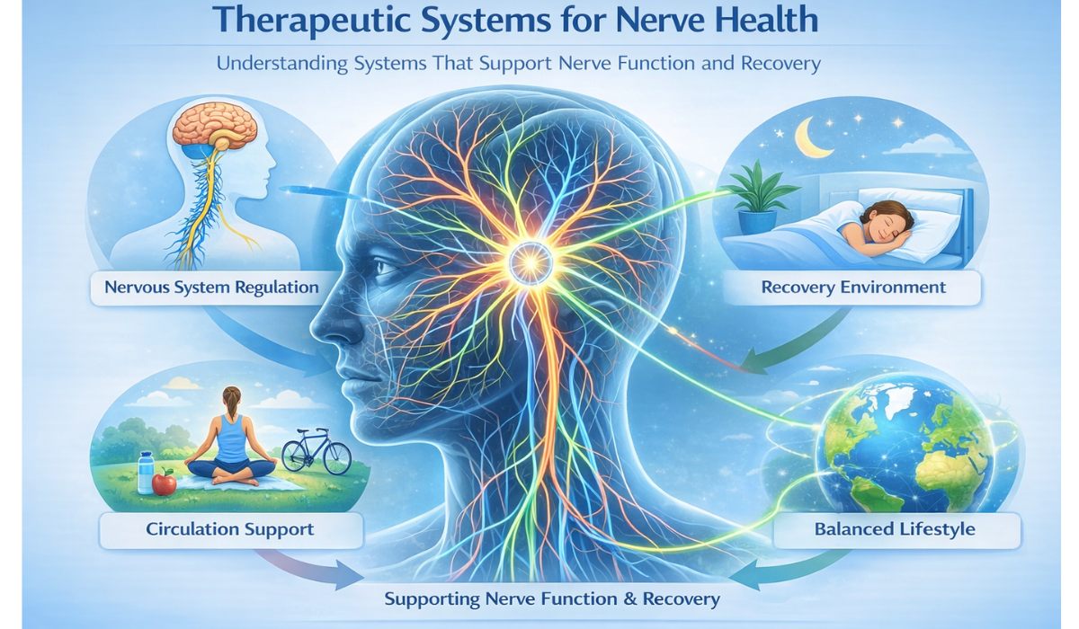 Infographic showing therapeutic systems for nerve health including nervous system regulation, circulation support, recovery environment, and lifestyle balance
