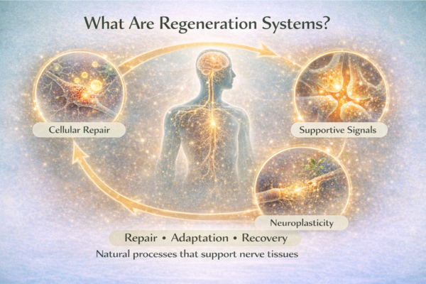 Infographic showing regeneration systems for nerve health including cellular repair neuroplasticity and supportive signals