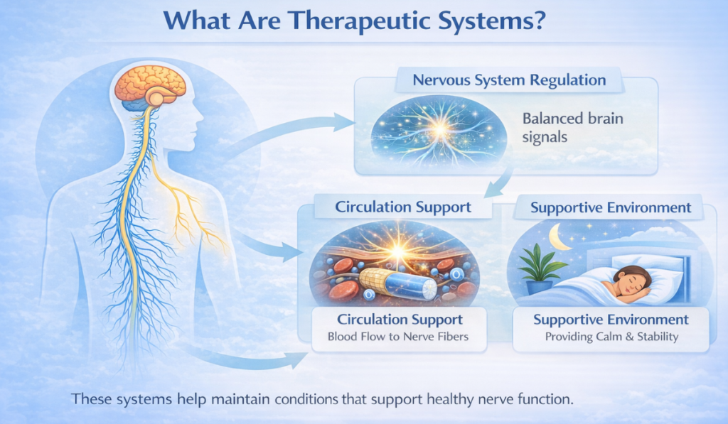 Infographic showing therapeutic systems for nerve health including nervous system regulation, circulation support, and supportive environment