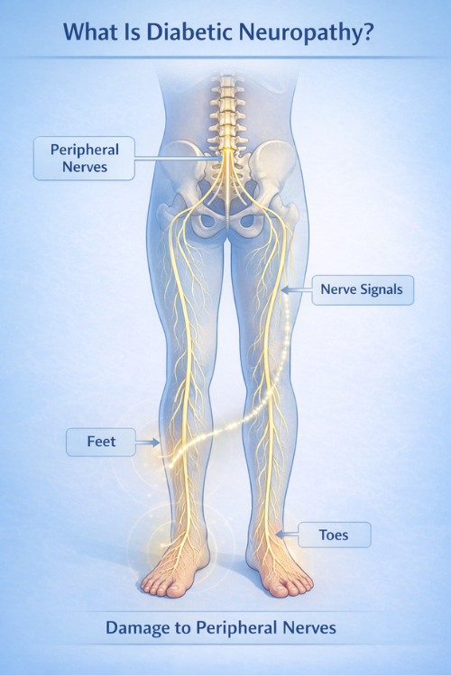 diagram explaining diabetic neuropathy affecting peripheral nerves in the feet
