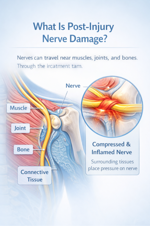 diagram explaining post injury nerve damage affecting nerves near muscles joints bones and connective tissue