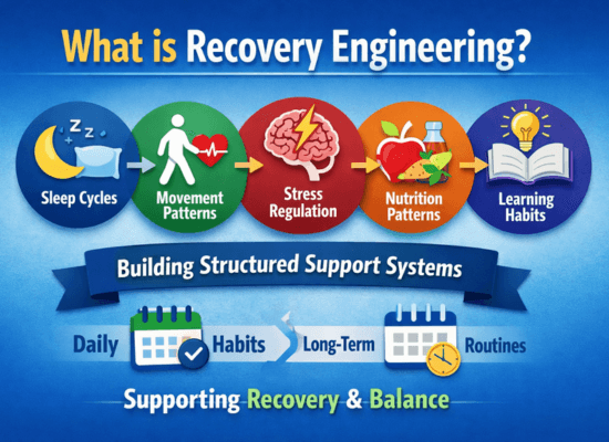 Infographic showing recovery engineering with sleep cycles, movement, stress regulation, nutrition, and learning systems supporting long-term recovery.
