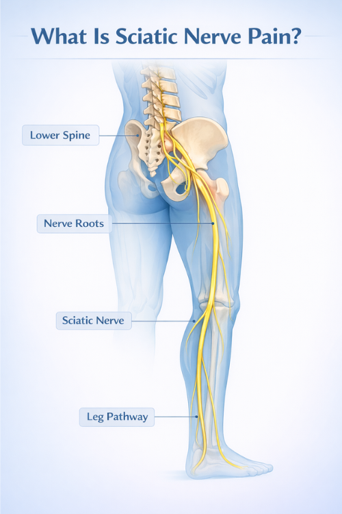 what-is-sciatic-nerve-pain-infographic. diagram explaining sciatic nerve anatomy and pathway from the lower spine through the leg