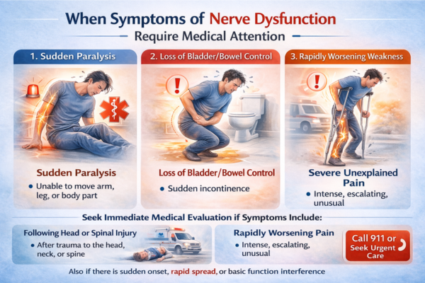 Infographic showing warning signs of nerve dysfunction that require urgent medical attention, including sudden paralysis, loss of bladder or bowel control, and rapidly worsening weakness.

