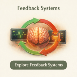 Illustration of brain with feedback loop arrows and monitoring screens representing feedback systems in nerve recovery