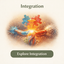 Illustration of interconnected nerve, blood vessel, and immune elements forming an integrated healing system