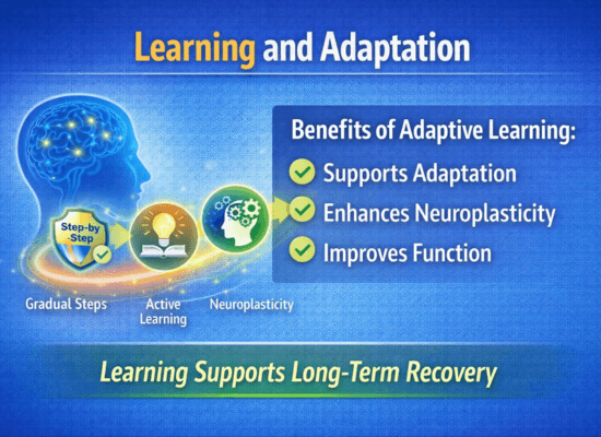 Infographic showing learning and adaptation processes supporting neuroplasticity and long-term nervous system recovery.