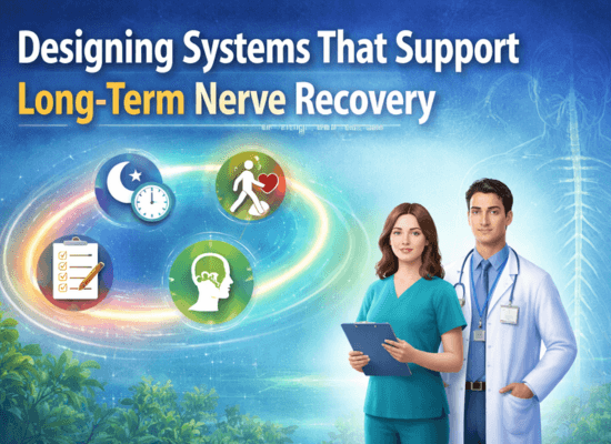 Illustration showing long-term nerve recovery systems including sleep, movement, stress regulation, and structured recovery routines connected in a recovery engineering system.