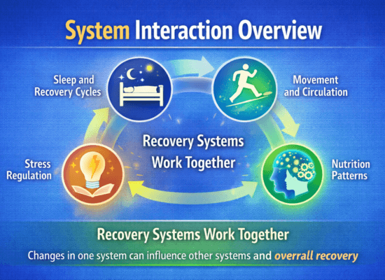 Infographic showing interaction between sleep, movement, stress regulation, nutrition, and learning systems in recovery engineering.