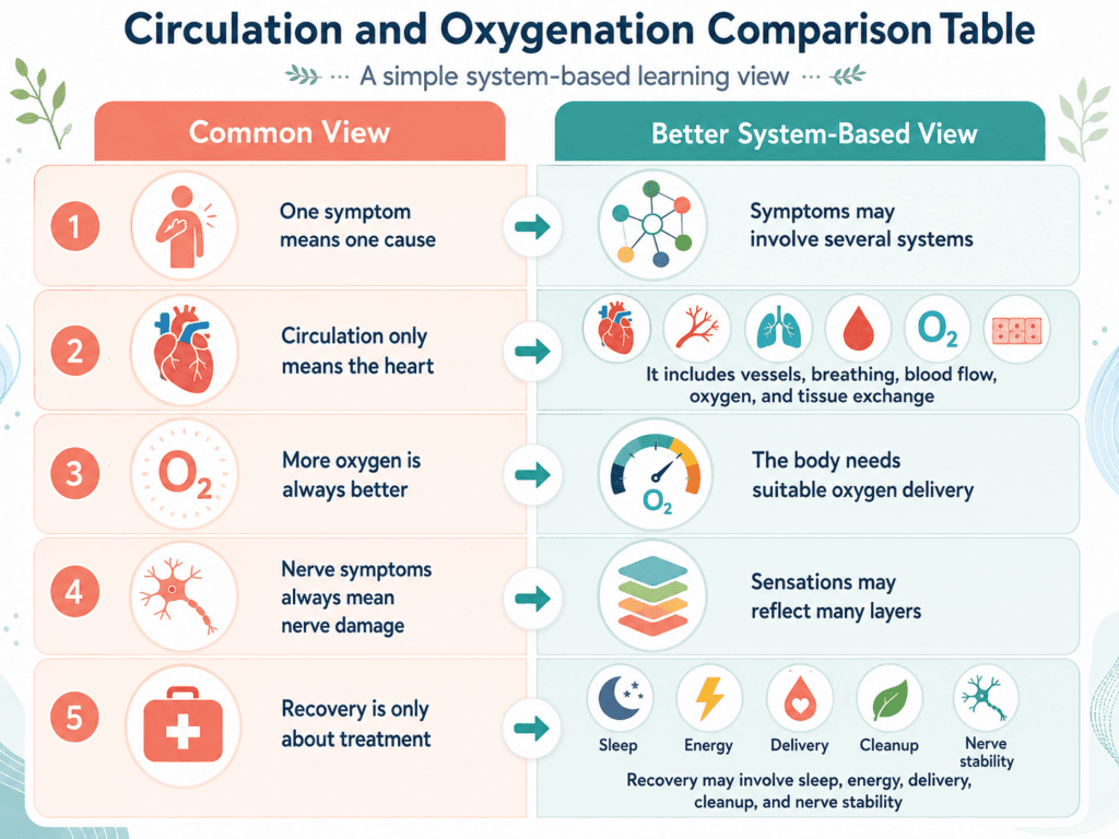 Circulation and Oxygenation Comparison Table Circulation and Oxygenation comparison table showing common views and better system-based views about blood flow, oxygen delivery, nerve symptoms, and recovery.