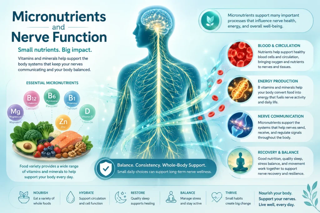 Micronutrients and Nerve Function Wellness Hero Wellness illustration showing micronutrients supporting circulation energy and nerve communication