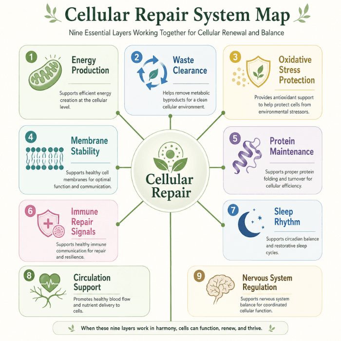 Cellular repair system map with energy production, cleanup, protection, membranes, immune signals, sleep, circulation, and nervous system regulation