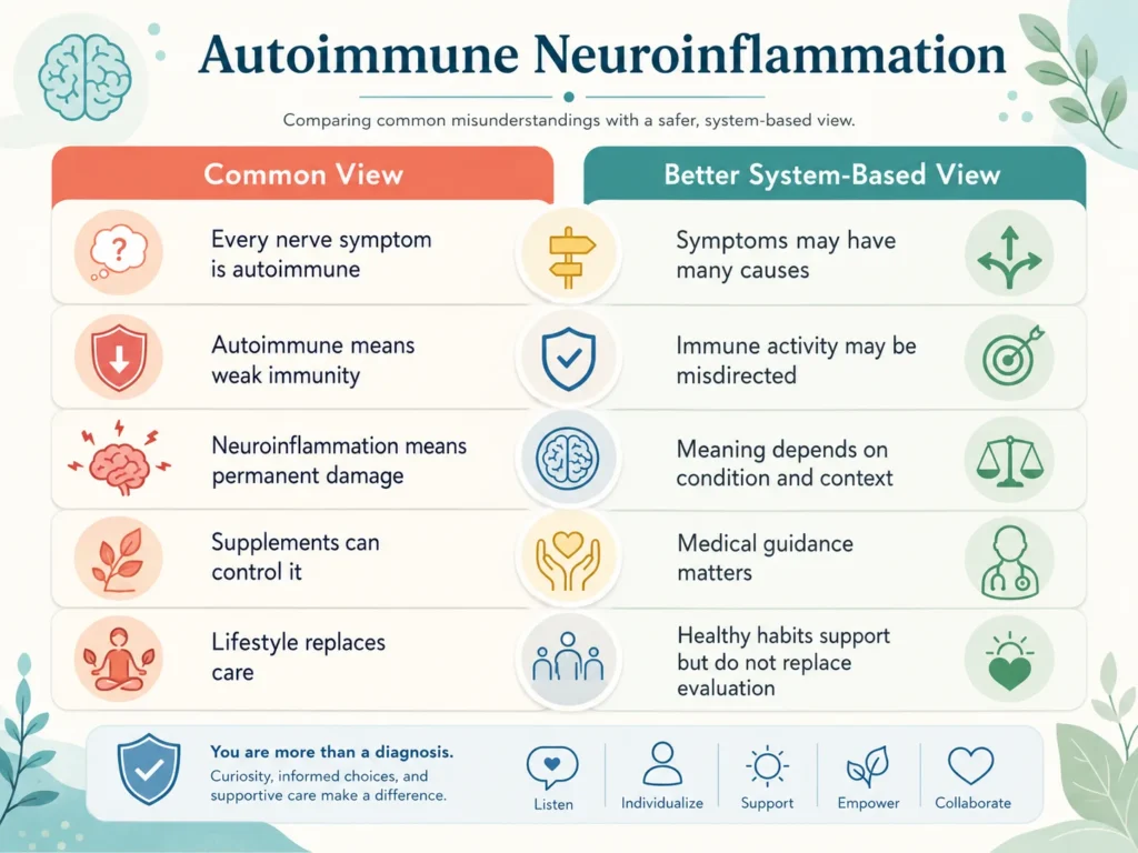 Autoimmune Neuroinflammation Comparison Table Autoimmune Neuroinflammation comparison table showing common views and better system-based views about autoimmune activity, nerve symptoms, neuroinflammation, and medical safety.