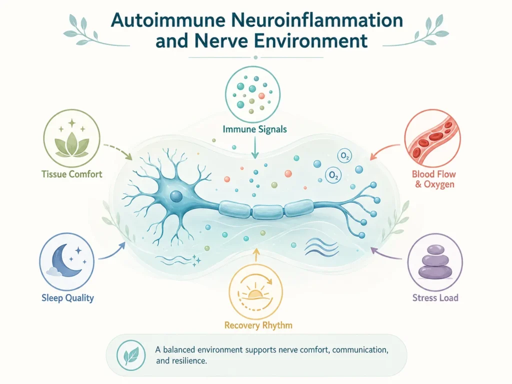 Autoimmune Neuroinflammation and Nerve Environment Autoimmune Neuroinflammation and nerve environment illustration showing immune signals, tissue stress, nerve sensitivity, sleep, stress, and recovery demand.