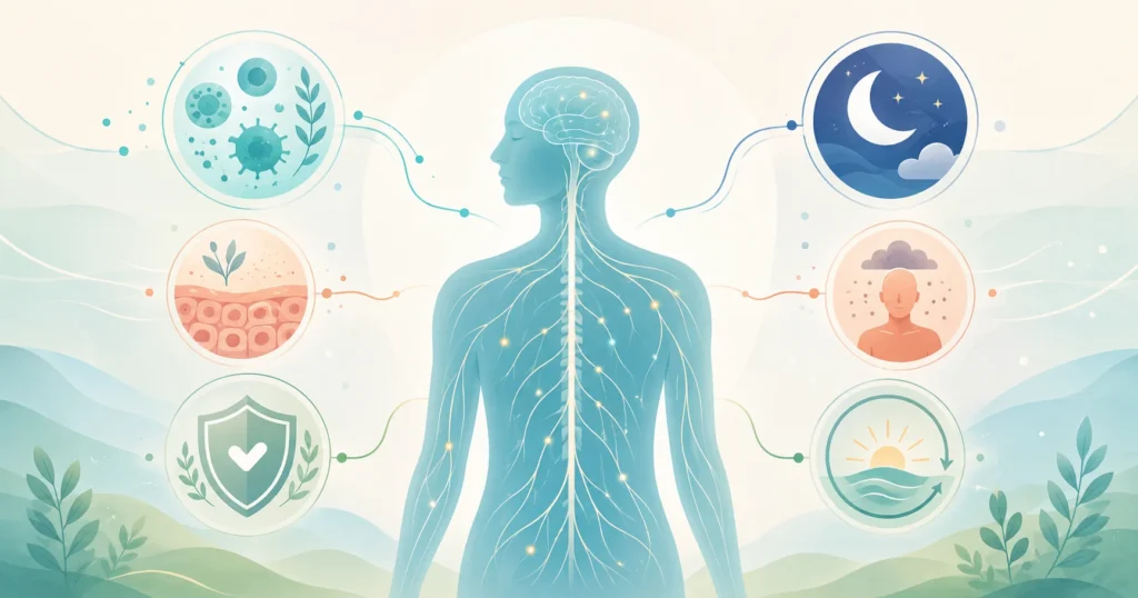 Autoimmune Neuroinflammation and Nerve Health Autoimmune Neuroinflammation educational illustration showing immune signals, nervous system sensitivity, tissue stress, and recovery capacity.