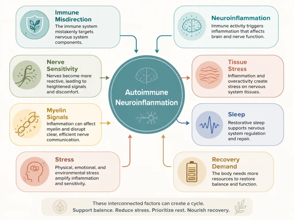 Autoimmune Neuroinflammation System Map System map of Autoimmune Neuroinflammation showing immune misdirection, neuroinflammation, tissue stress, nerve sensitivity, sleep, stress, and recovery demand.