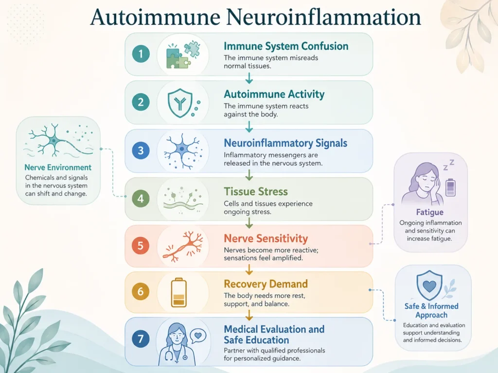 Autoimmune Neuroinflammation Visual Flow Autoimmune Neuroinflammation visual flow showing immune system confusion, autoimmune activity, neuroinflammatory signals, tissue stress, nerve sensitivity, and recovery demand.