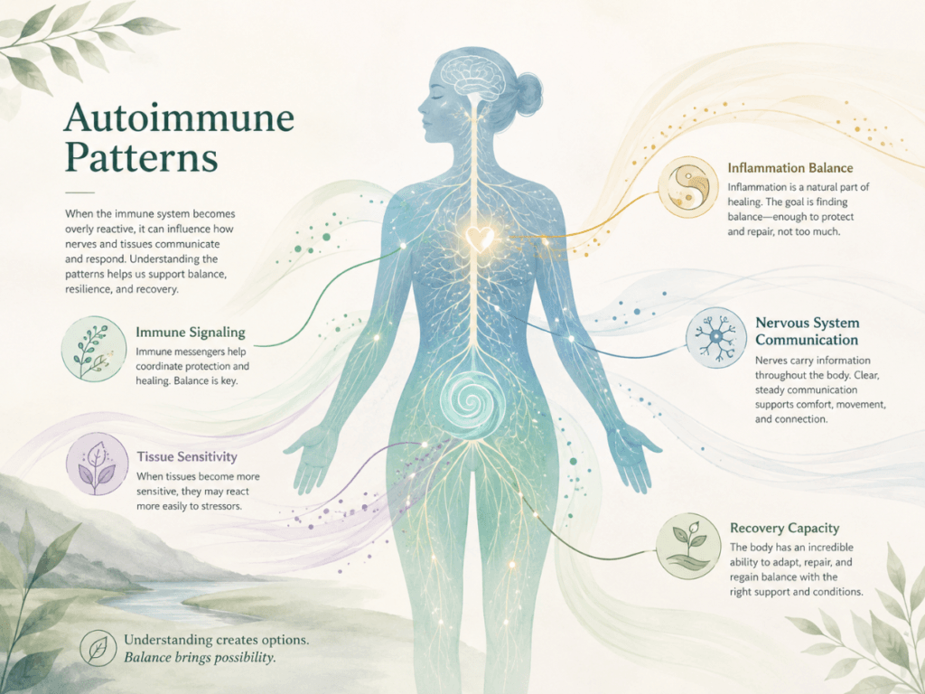 Illustration of Autoimmune Patterns showing immune signaling, inflammation balance, nervous system communication, and recovery capacity