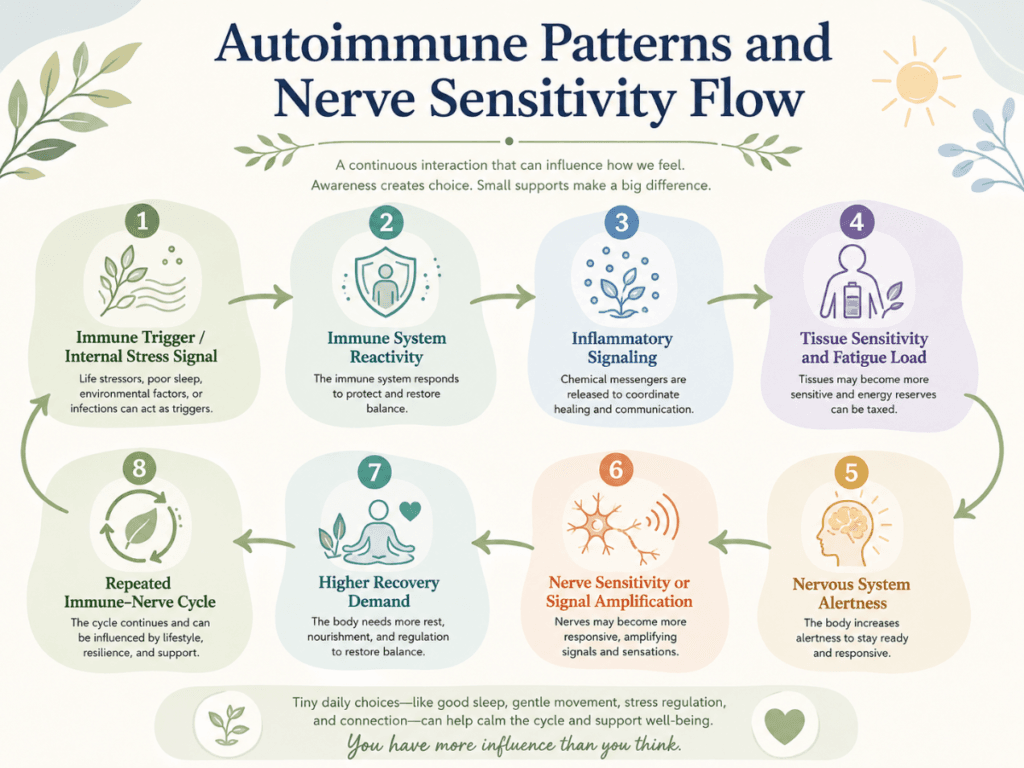Flowchart showing how Autoimmune Patterns may influence immune reactivity, inflammation, tissue sensitivity, nervous system alertness, nerve sensitivity, and recovery demand