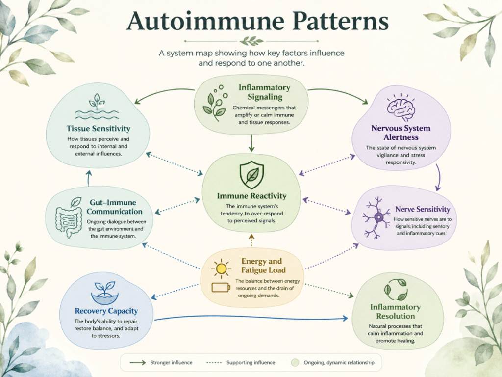 System map showing Autoimmune Patterns with immune reactivity, inflammatory signaling, tissue sensitivity, nervous system alertness, gut immune communication, and recovery capacity