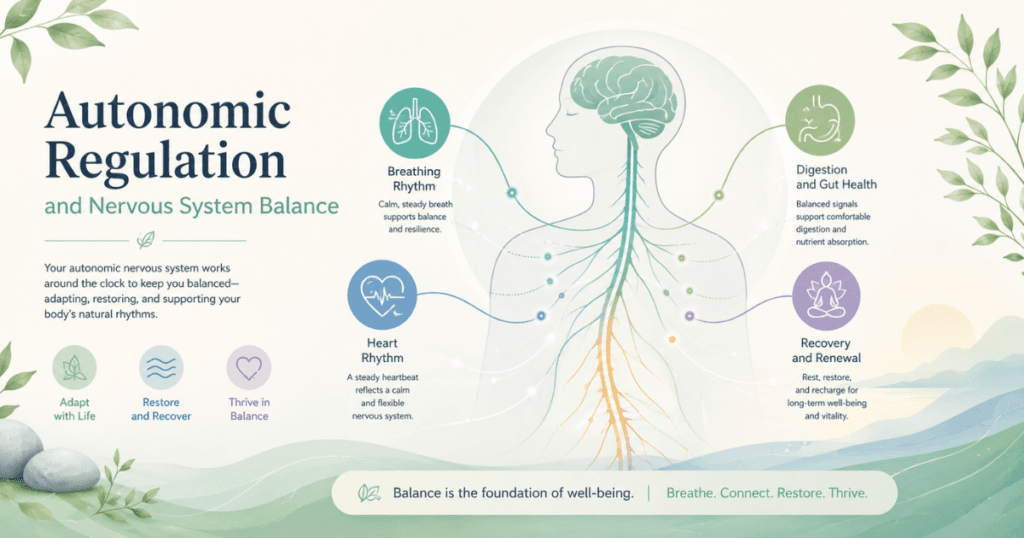 Autonomic regulation hero image showing the brain, spinal cord, breathing rhythm, heart rhythm, digestion, and recovery balance connected by gentle signal lines.
