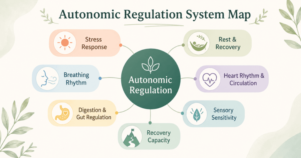 Clean wellness infographic titled “Autonomic Regulation System Map” featuring a central autonomic regulation hub connected to stress response, rest and recovery, breathing rhythm, heart rhythm and circulation, digestion and gut regulation, sensory sensitivity, and recovery capacity using soft natural colors and rounded icons.