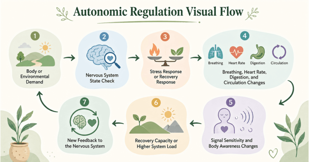 Soft wellness infographic titled “Autonomic Regulation Visual Flow” showing a 7-step cycle: Body or Environmental Demand → Nervous System State Check → Stress Response or Recovery Response → Breathing, Heart Rate, Digestion, and Circulation Changes → Signal Sensitivity and Body Awareness Changes → Recovery Capacity or Higher System Load → New Feedback to the Nervous System.