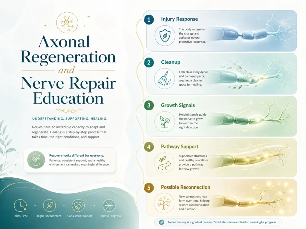 Axonal Regeneration and Nerve Repair Education Axonal regeneration education showing injury response, cleanup, growth signals, pathway support, and reconnection