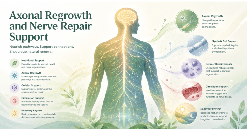 Axonal regrowth and nerve repair support with soft nerve fibers, cellular support, and recovery rhythm