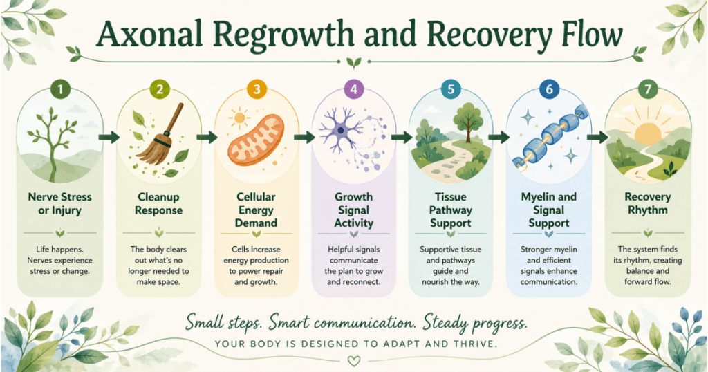 Axonal regrowth flow from nerve stress to cleanup response, energy demand, growth signals, tissue support, myelin support, and recovery rhythm