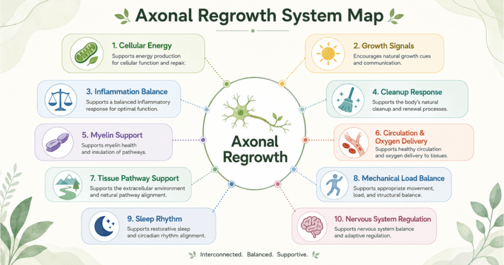 Axonal regrowth system map with cellular energy, growth signals, inflammation balance, myelin support, circulation, tissue pathway, and nervous system regulation